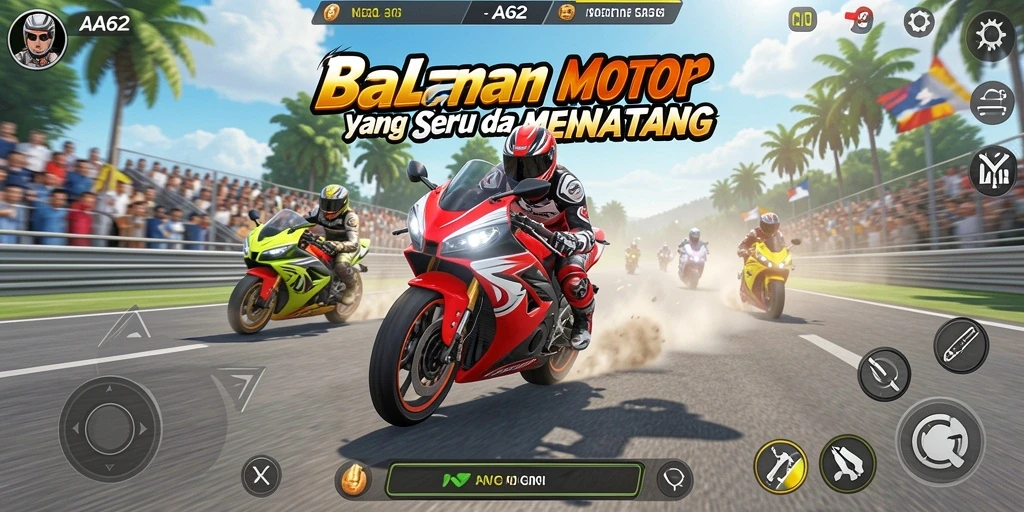 Screenshot gameplay AA62 menampilkan balapan motor yang mendebarkan dan penuh aksi.