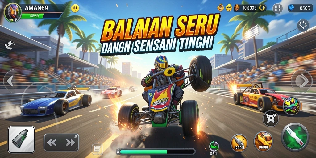 Screenshot menunjukkan laga balapan intens di lintasan dengan mobil yang beraksi.