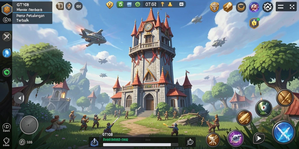 Tangkapan layar gameplay GT108 menampilkan aksi menara mempertahankan kerajaan.