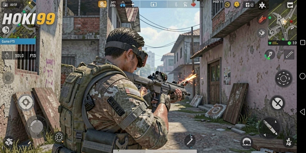 Screenshot menampilkan aksi intens dalam pertempuran FPS HOKI99.