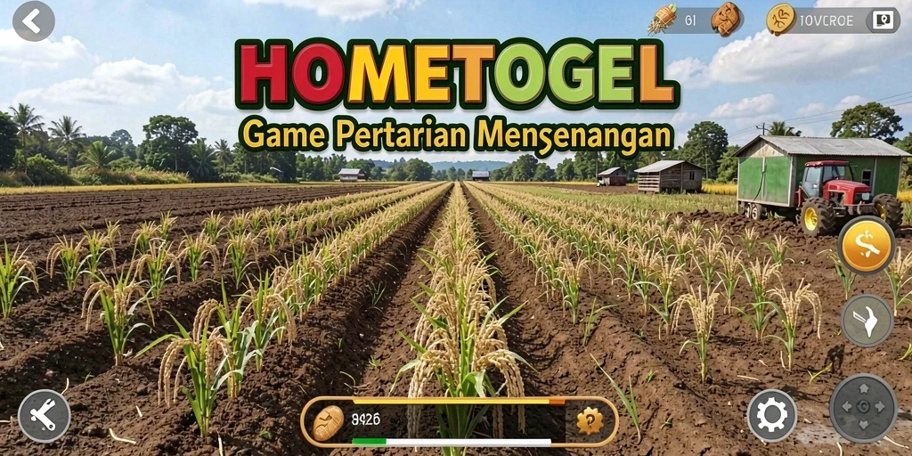 Screenshot gameplay <strong>HOMETOGEL</strong> yang menampilkan lahan pertanian yang subur dan aktivitas panen.