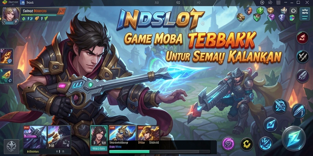 Screenshot gameplay MOBA INDSLOT yang menunjukkan aksi pertempuran seru.