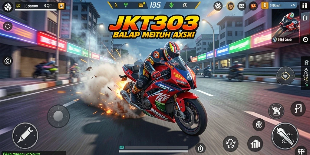 Screenshot gameplay JKT303 menampilkan aksi balap motor yang intens.
