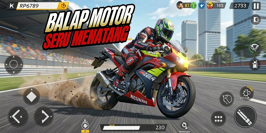 Tampilan gameplay seru di RP6789 saat balapan motor.