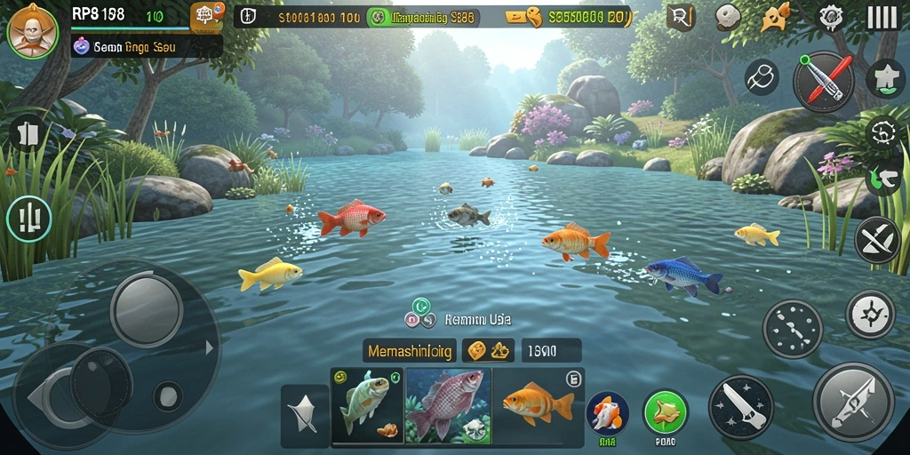 Tampilan gameplay RP8 saat memancing di laut yang indah.