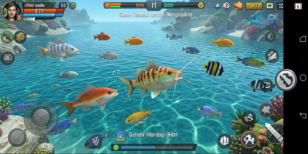 Tampilan gameplay UH77 yang seru dengan penembakan ikan.